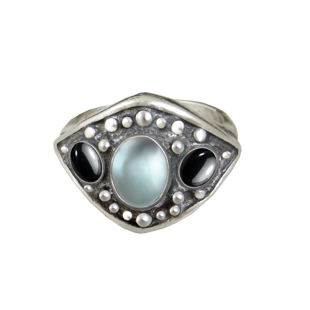 Sterling Silver Medieval Lady's Ring with Blue Topaz And Hematite Size 9